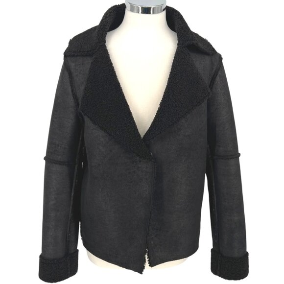 Velvet Faux Suede Sherpa Jacket Notch Collar Black Size Large - Picture 1 of 12